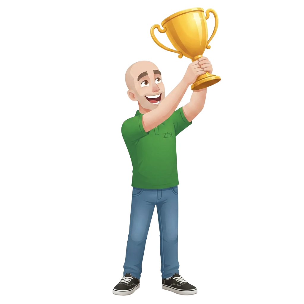 Zé erguendo um troféu comemorando a marca concedida